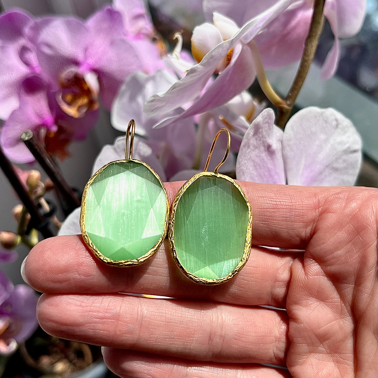 Boucles d’oreilles "DHAKA" pierre naturelle Agate verte dorées or fin