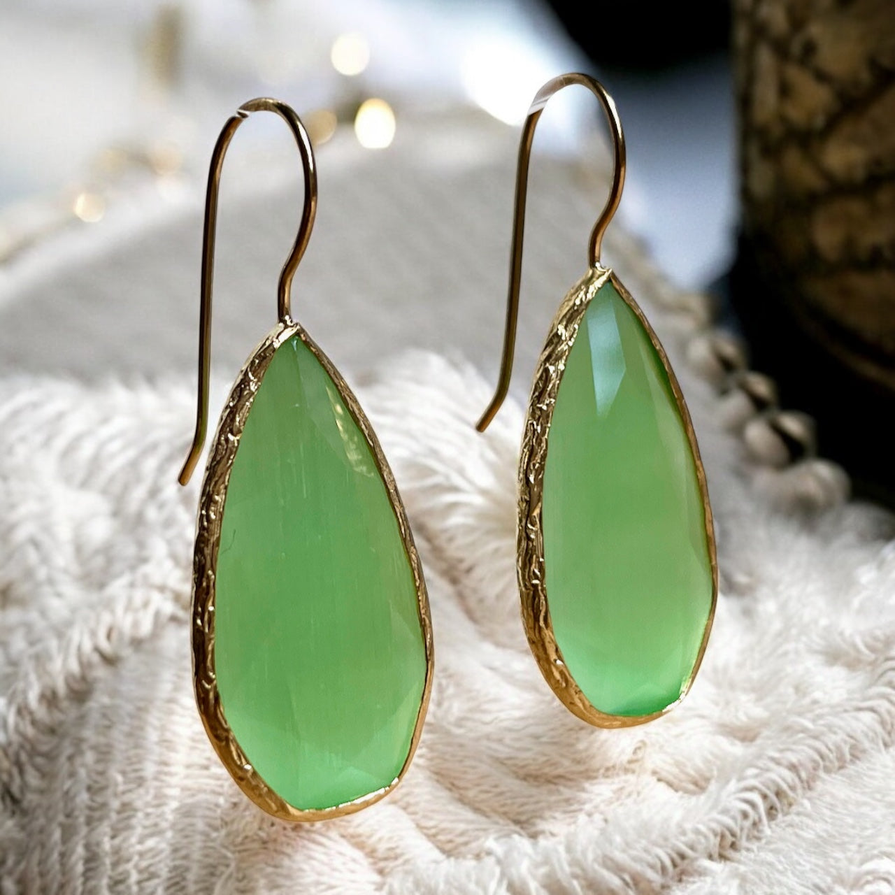 Boucles d’oreilles "FUJI" dorées or fin pierre naturelle Agate verte