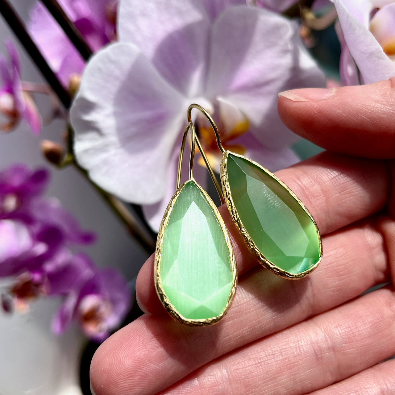 Boucles d’oreilles "FUJI" dorées or fin pierre naturelle Agate verte