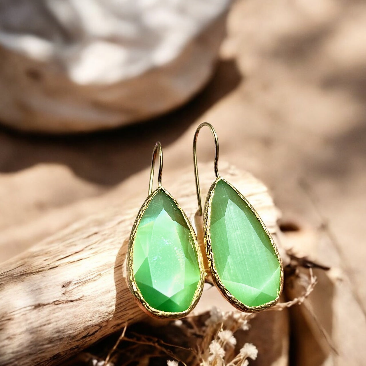 Boucles d’oreilles "FUJI" dorées or fin pierre naturelle Agate verte