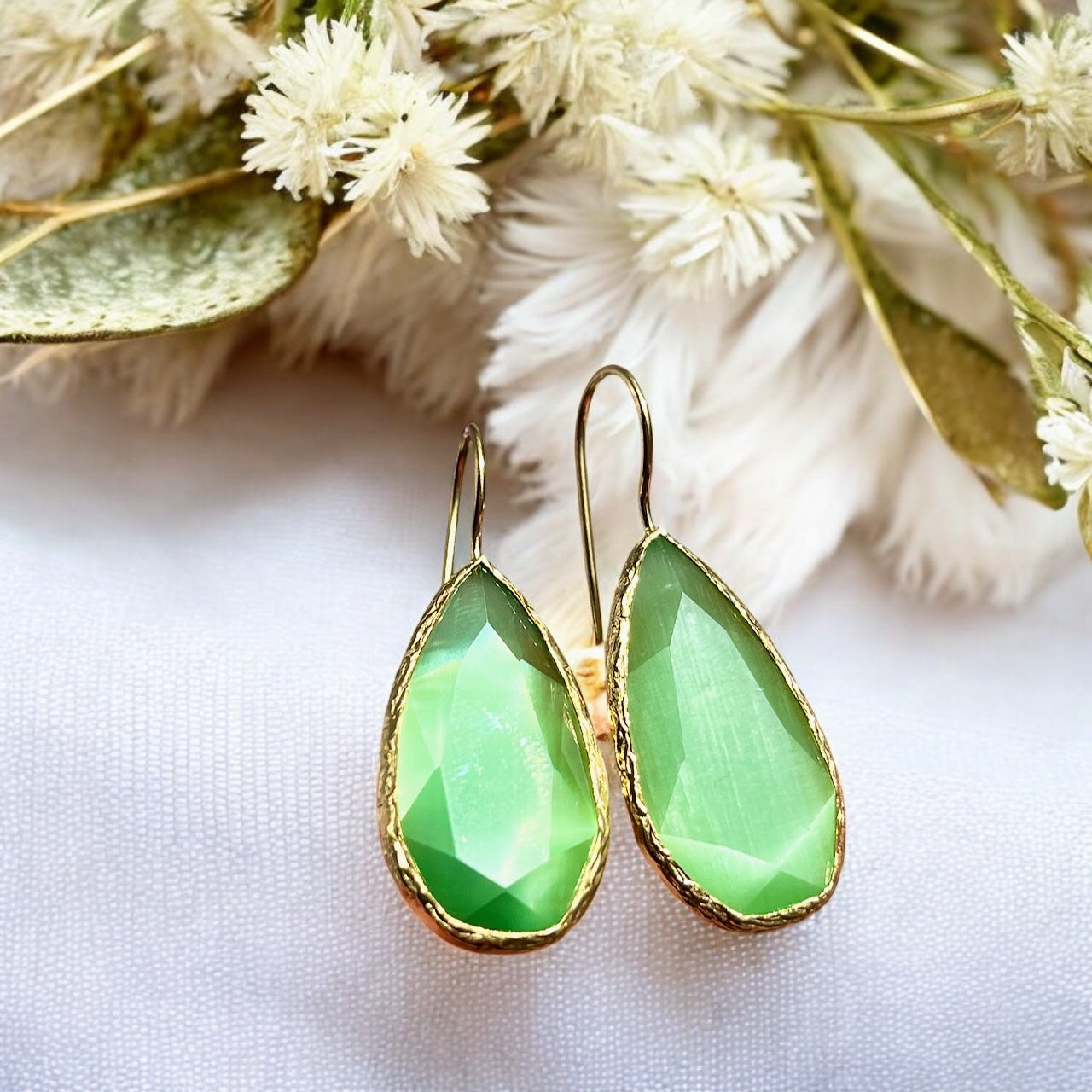 Boucles d’oreilles "FUJI" dorées or fin pierre naturelle Agate verte