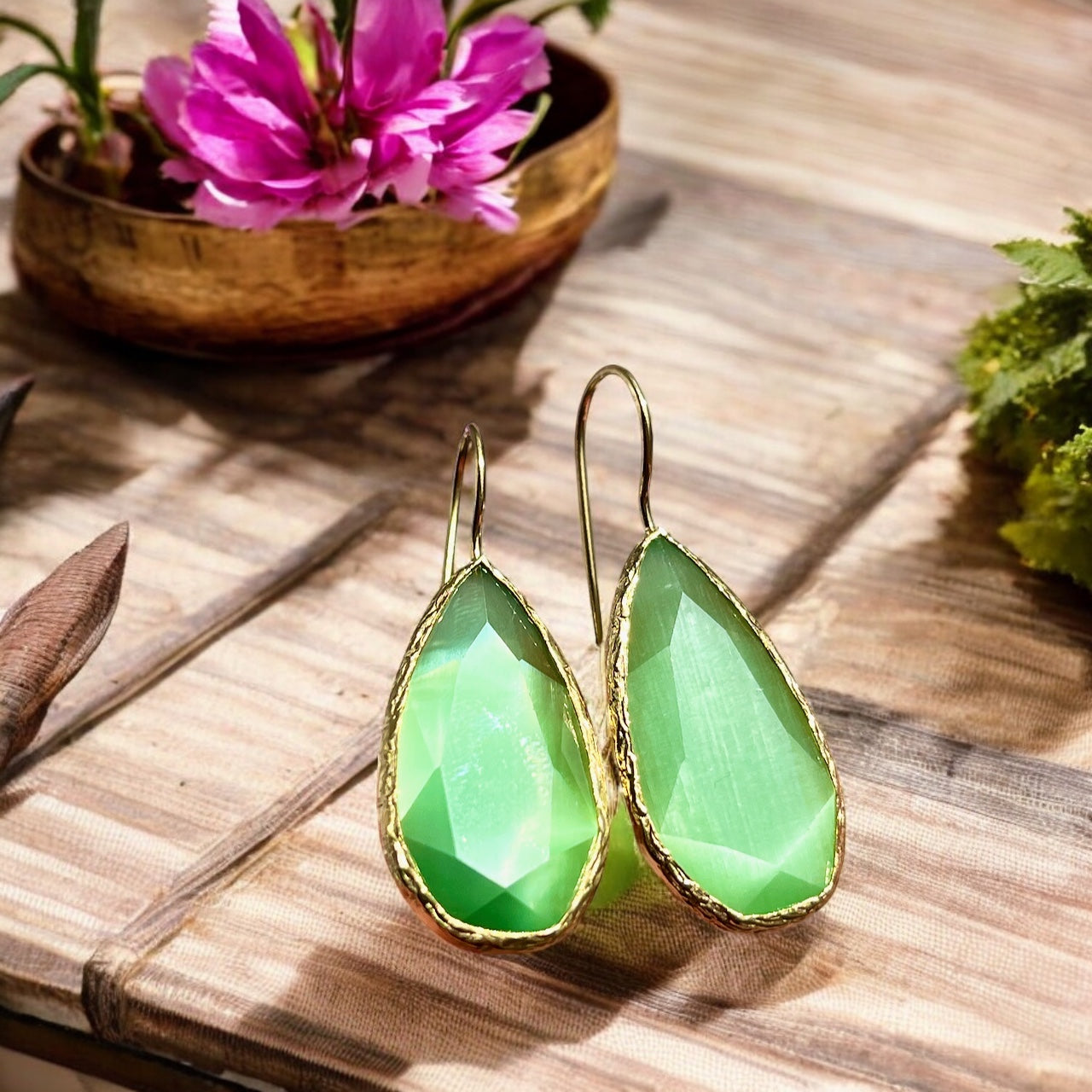 Boucles d’oreilles "FUJI" dorées or fin pierre naturelle Agate verte