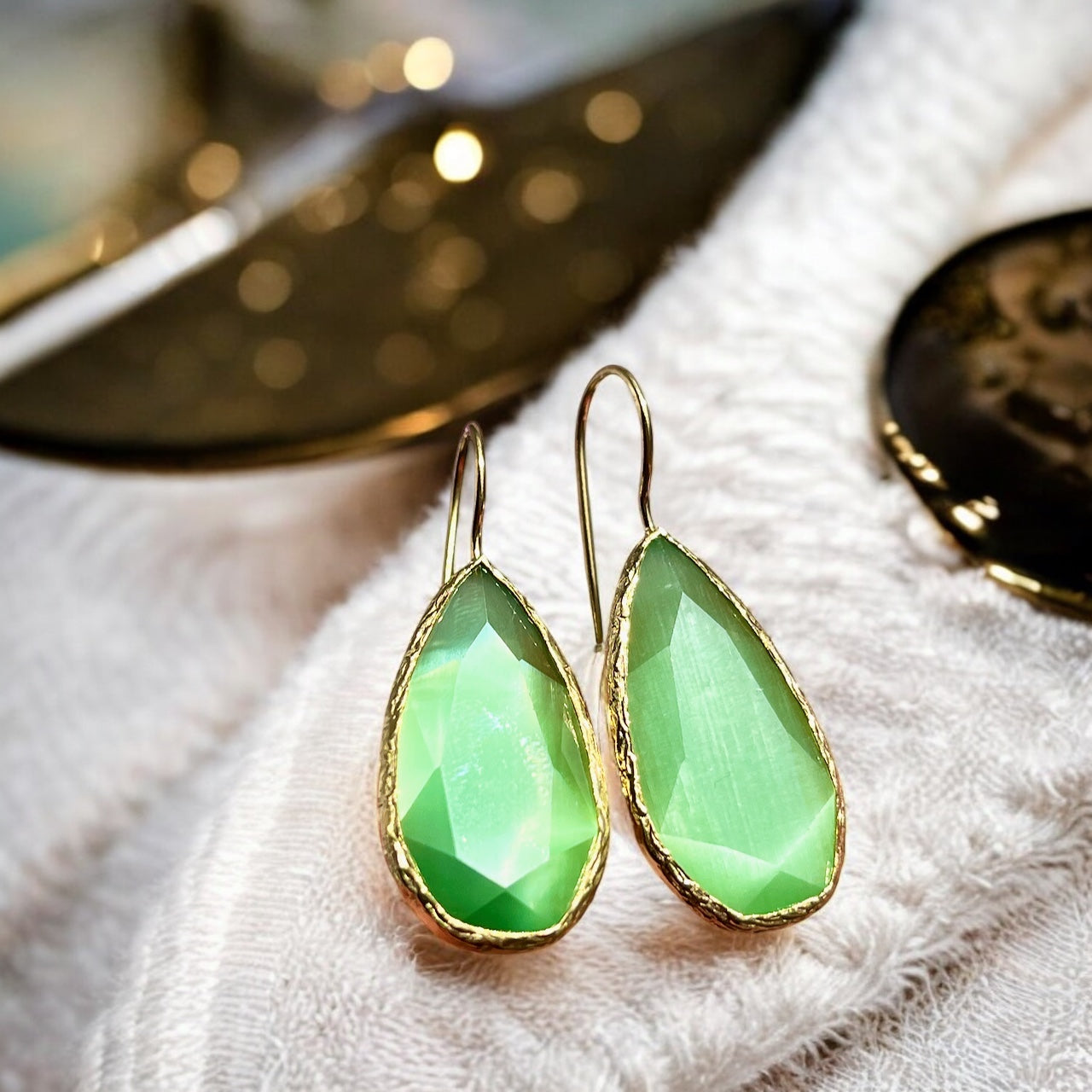 Boucles d’oreilles "FUJI" dorées or fin pierre naturelle Agate verte