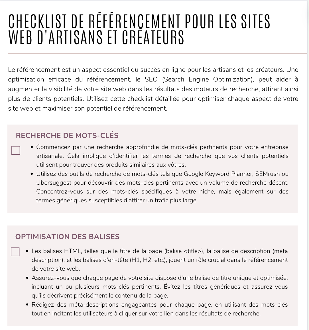 Checklist de Référencement pour les Sites Web d'Artisans et créateurs pdf