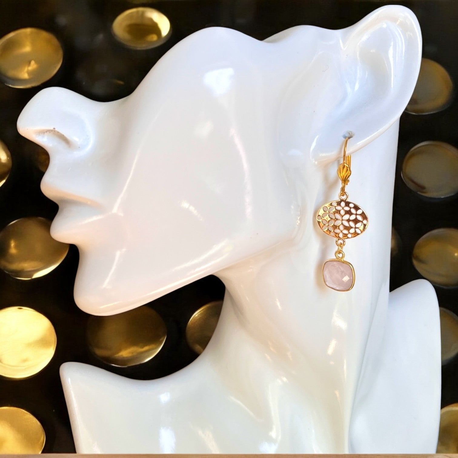 Boucles d’oreilles "PIPER" dorées or fin en Quartz rose