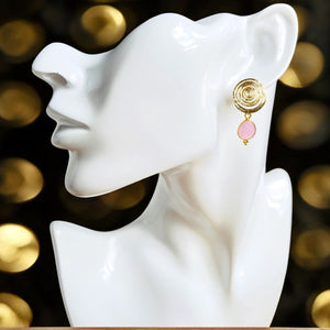 Boucles d’oreilles "ISABELLA" dorées or fin Calcédoine Rose