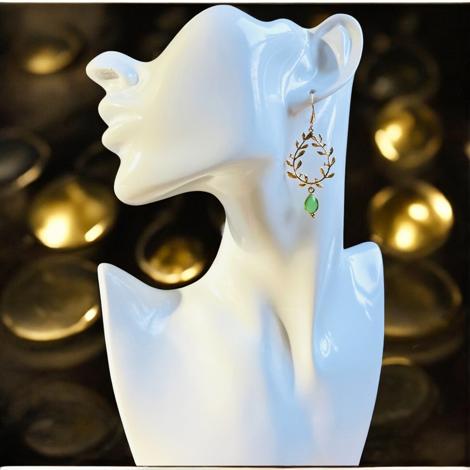Boucles d'oreilles "ALYSSA" dorées or fin pierre de Chrysoprase Calcédoine verte