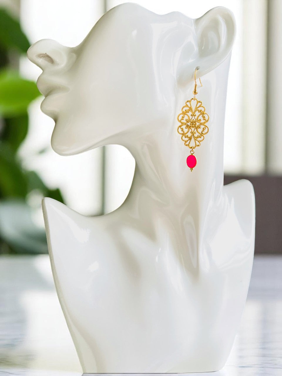 Boucles d'oreilles "HELOISE" dorées or fin pierre de Calcédoine rose