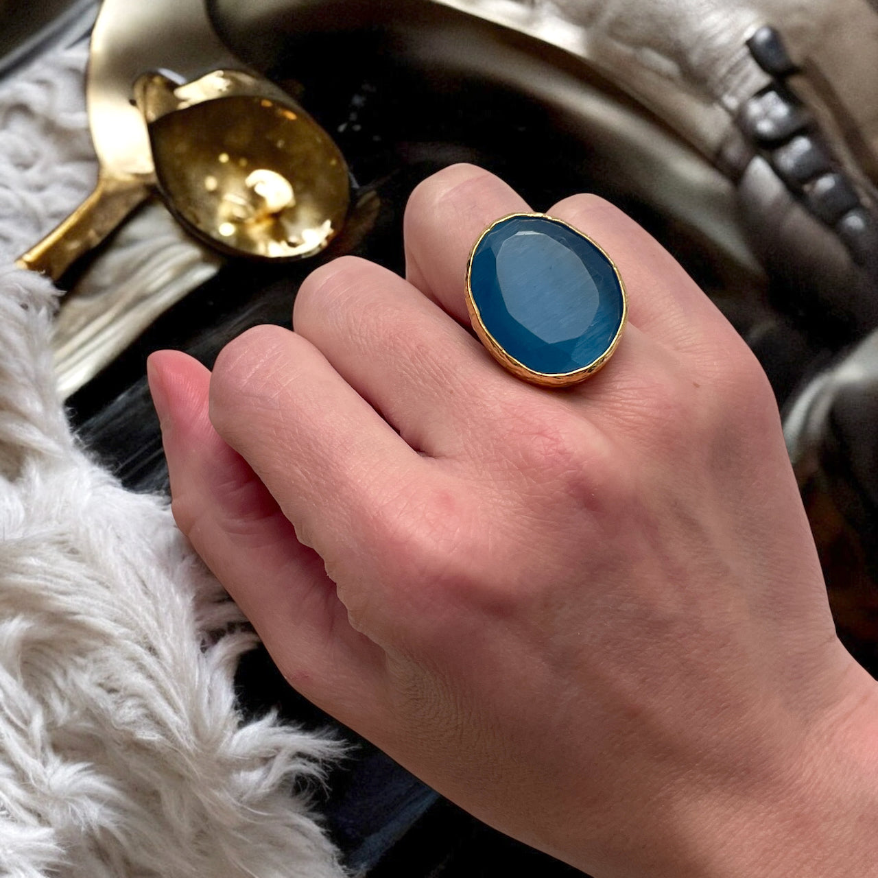 Parure « SOLYGE » dorée or fin en agate bleue