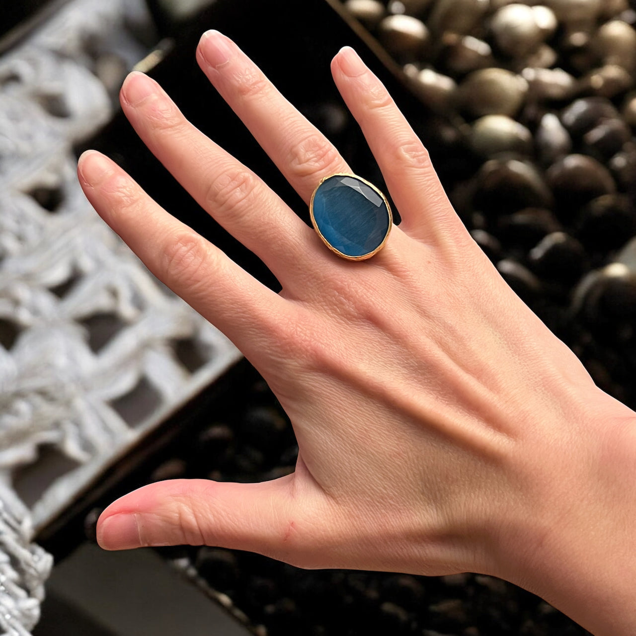 Parure « SOLYGE » dorée or fin en agate bleue