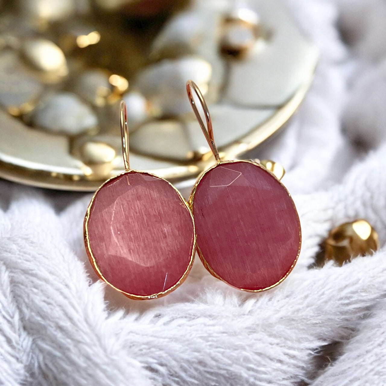 Parure « NYMELIS » dorée or fin en agate rose