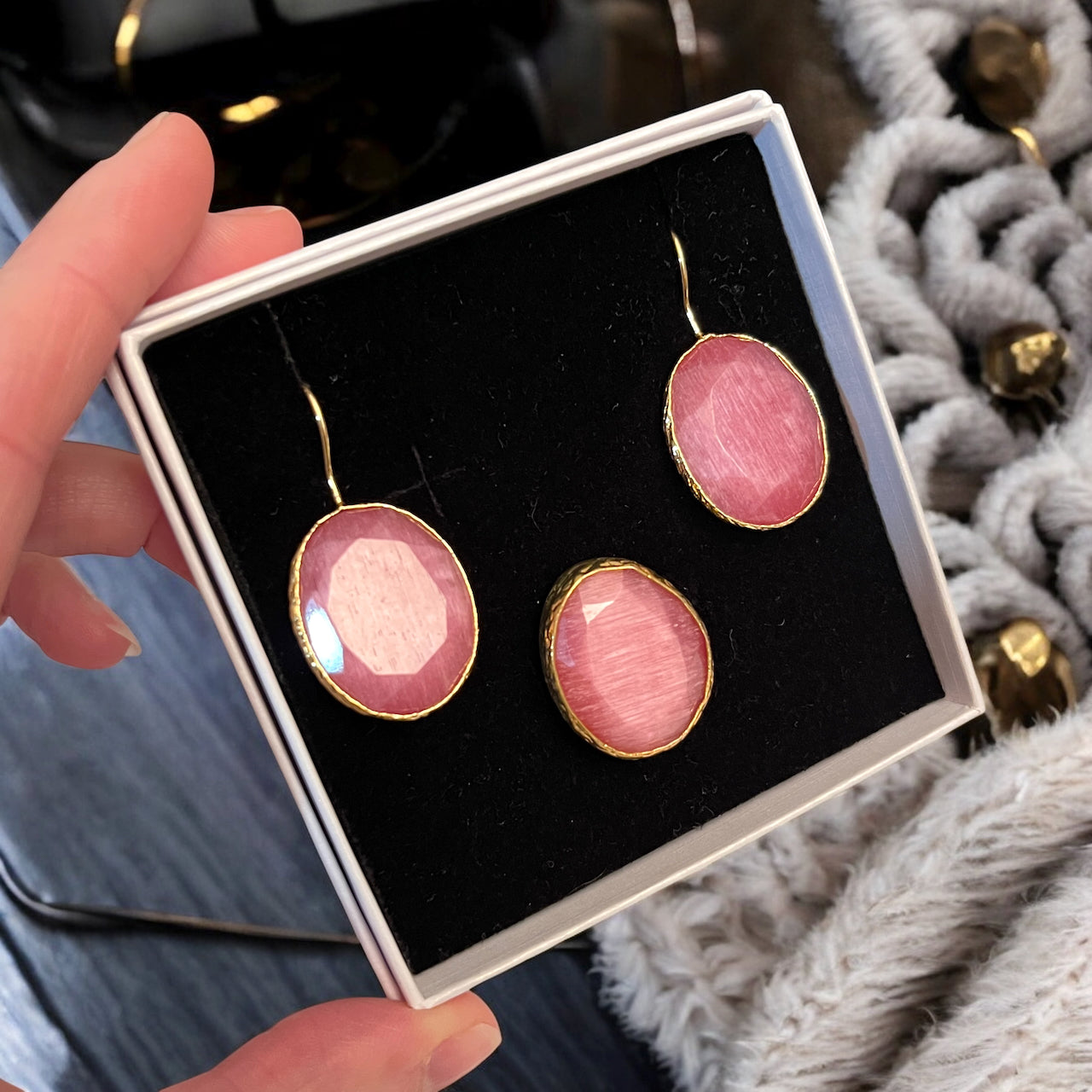 Parure « NYMELIS » dorée or fin en agate rose