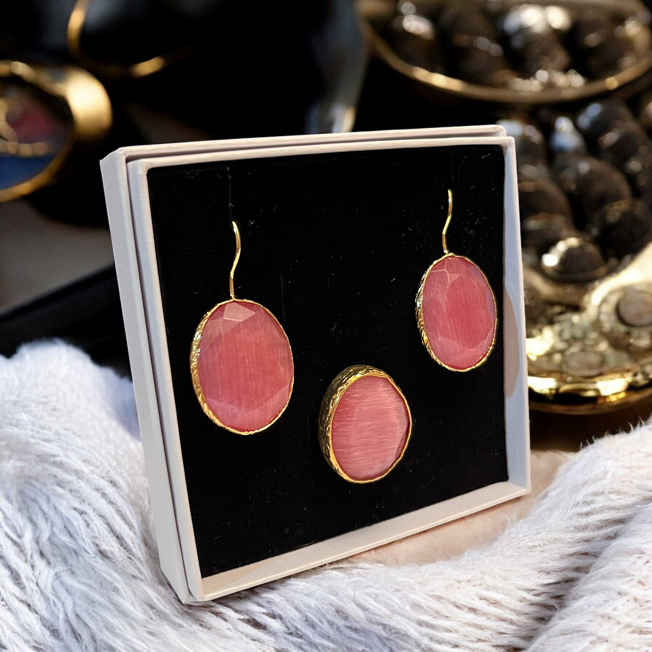 Parure « NYMELIS » dorée or fin en agate rose