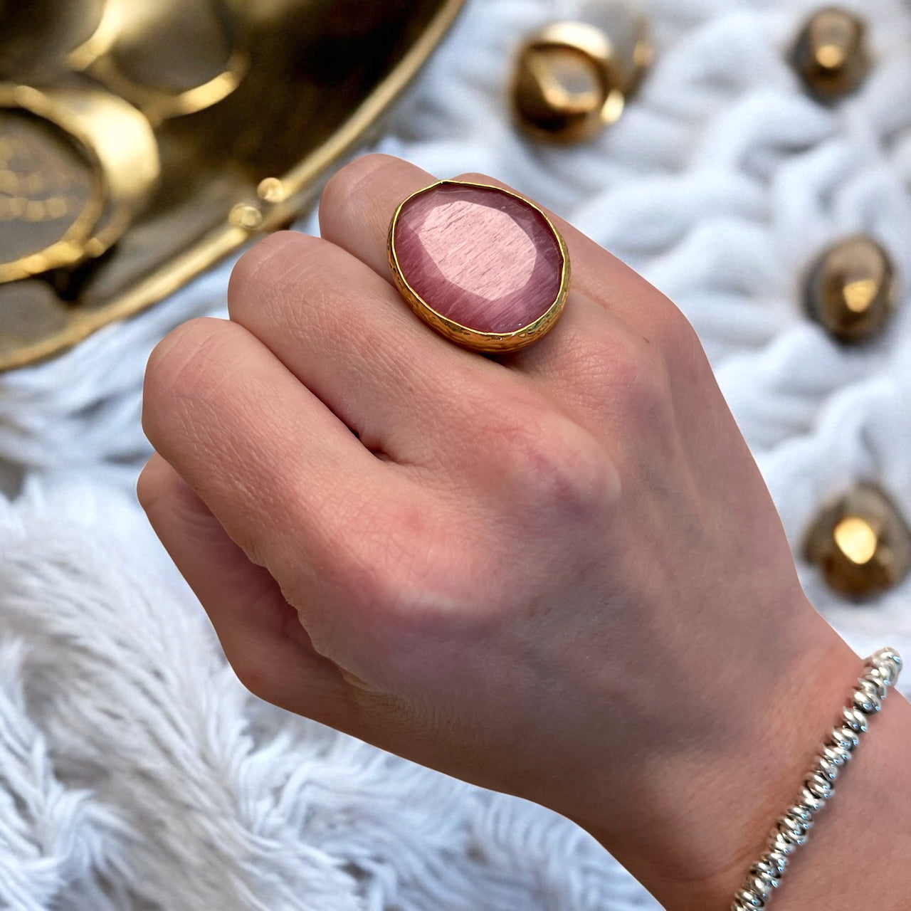 Parure « NYMELIS » dorée or fin en agate rose