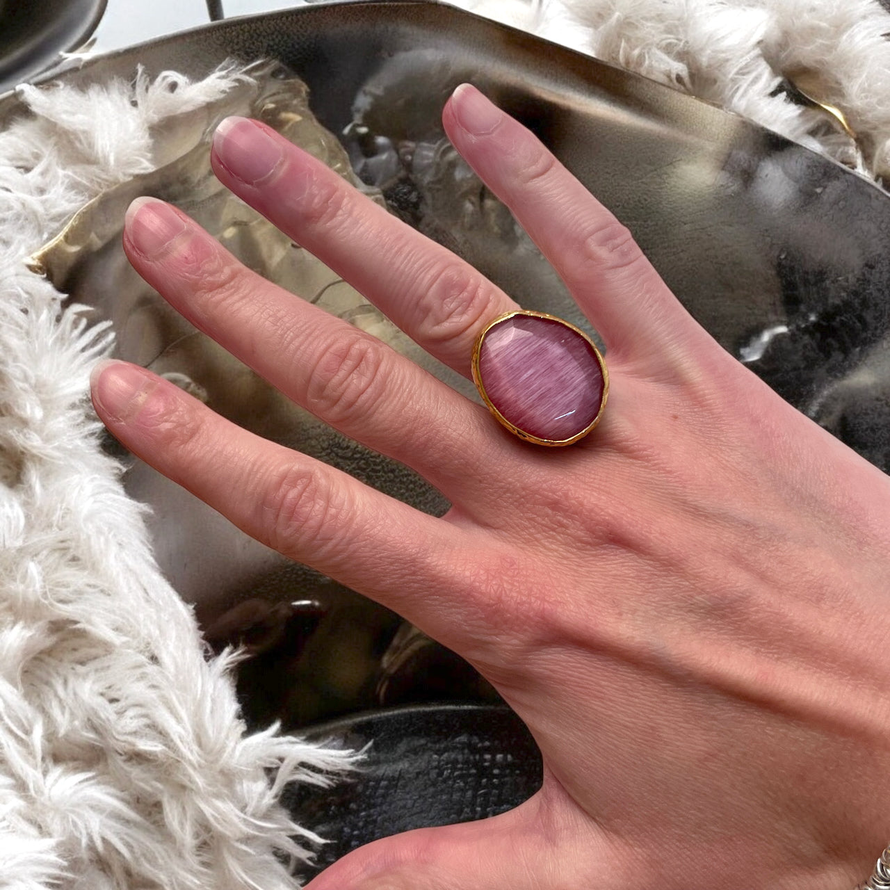 Parure « NYMELIS » dorée or fin en agate rose