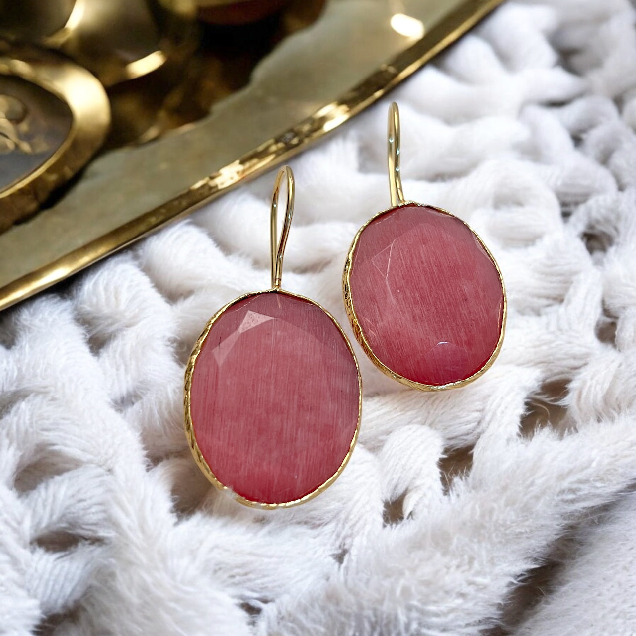 Parure « NYMELIS » dorée or fin en agate rose