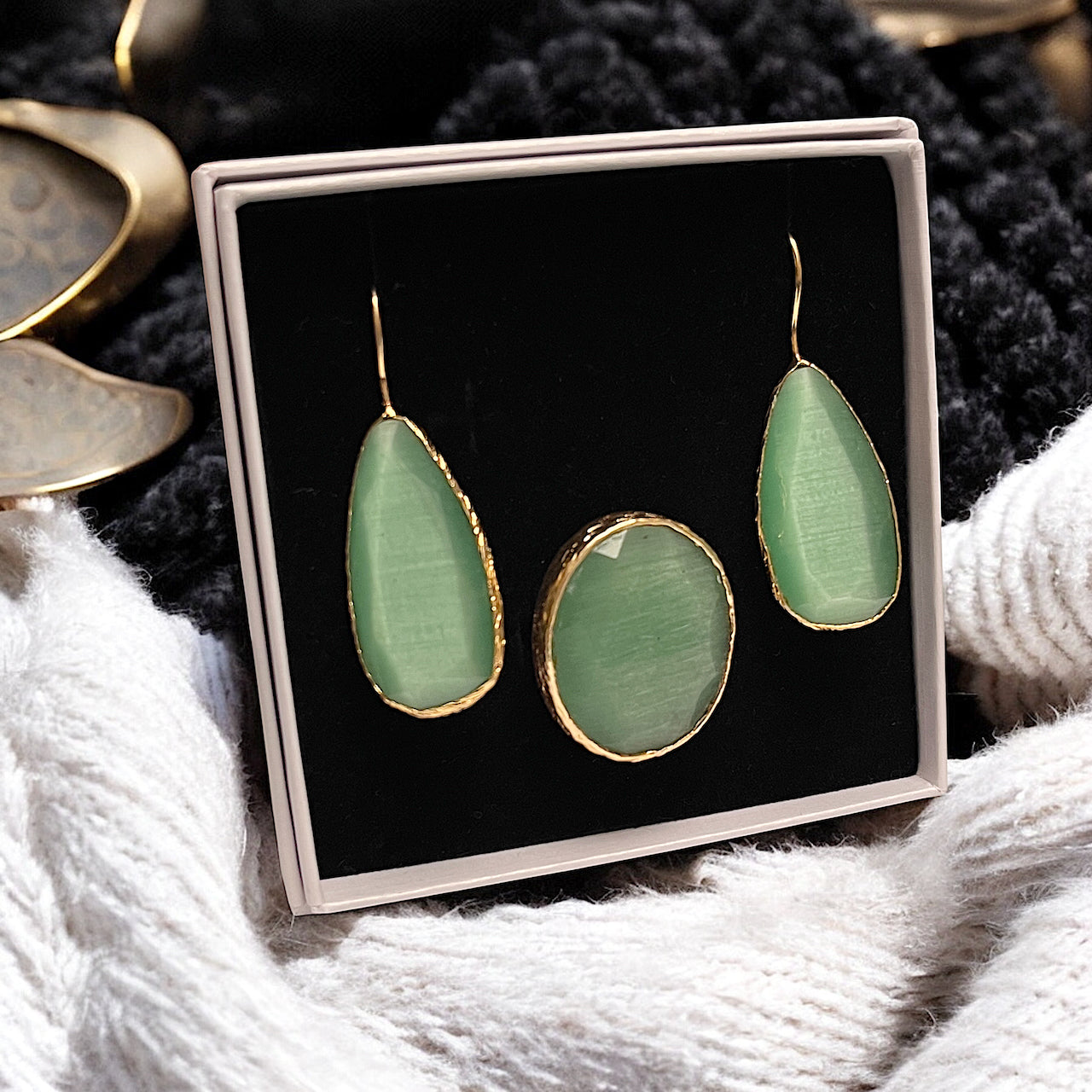 Parure « VELYOR » dorée or fin en agate verte