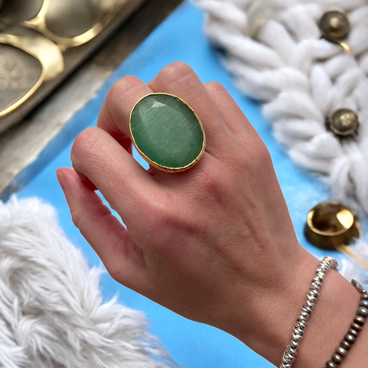 Parure « VELYOR » dorée or fin en agate verte