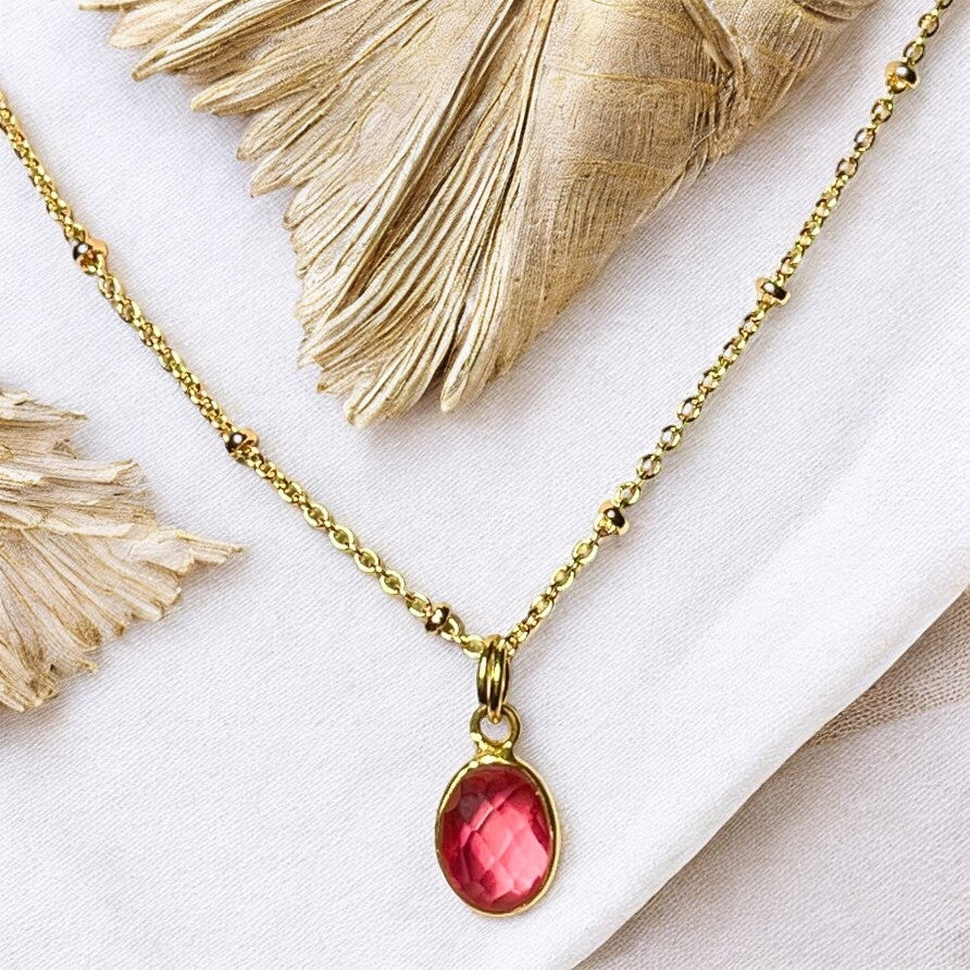 Pendentif "CARMEN" doré or fin pierre de Tourmaline rose