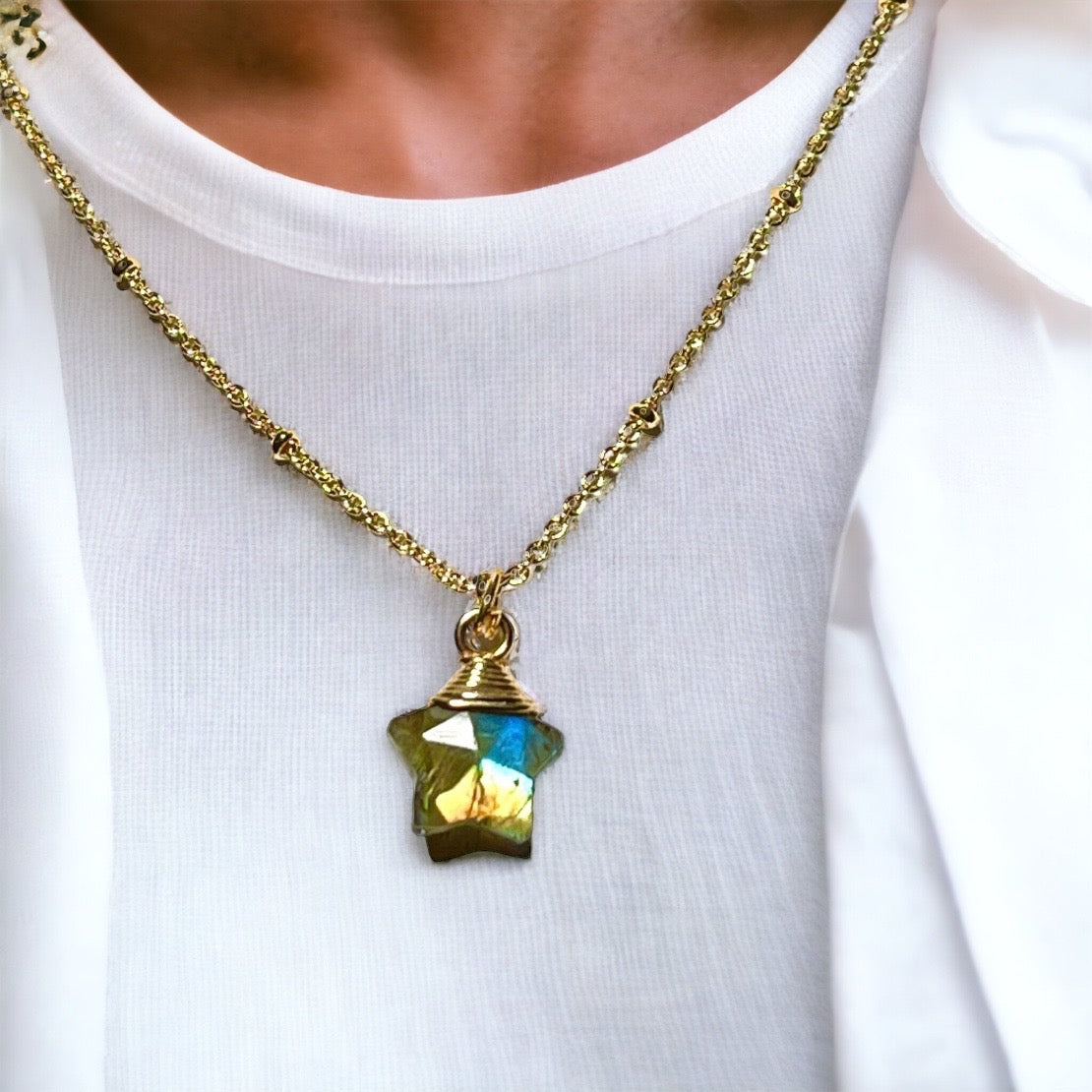 Pendentif "JODIE" doré or fin pierre Labradorite Etoile