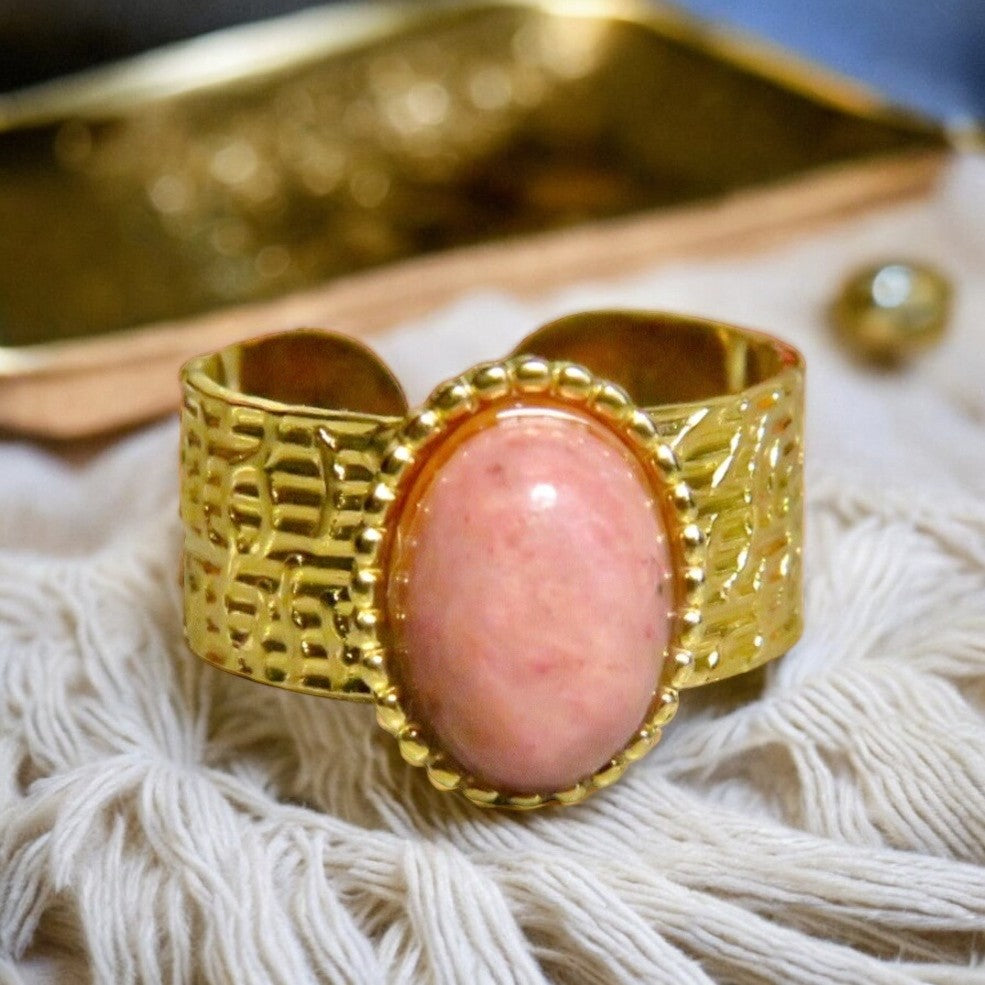 Bague "CAROLE" adaptable en acier inoxydable avec pierre naturelle de Rhodonite