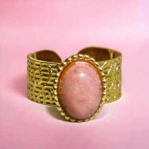 bague acier inoxydable femme pierre naturelle rhodonite tourmalyn bijoux - fond rose