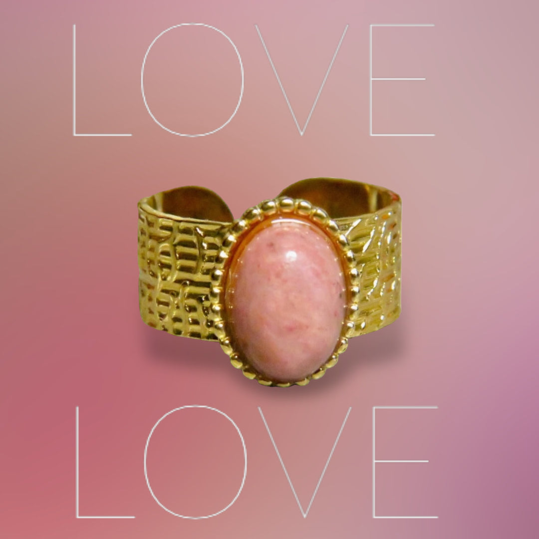 bague acier inoxydable femme pierre naturelle rhodonite tourmalyn bijoux - fond rose LOVE