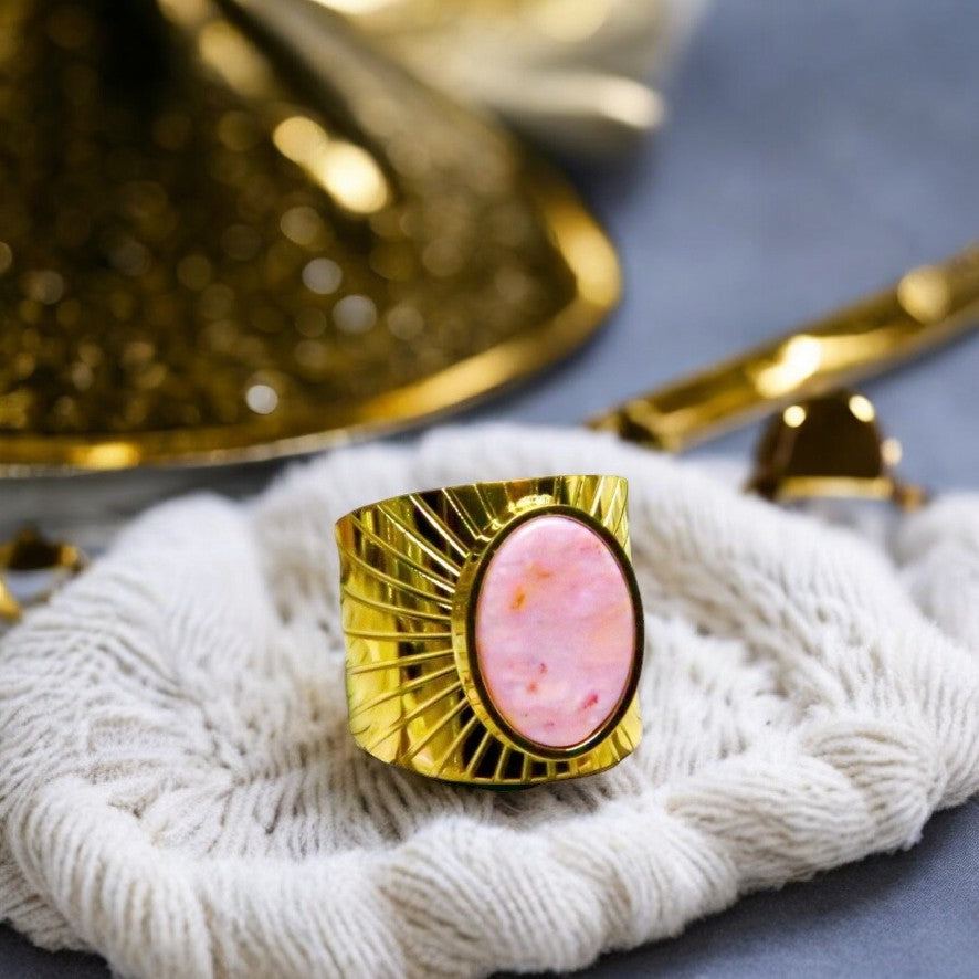 Bague "ELODIE" adaptable en acier inoxydable avec pierre naturelle d' Agate rose
