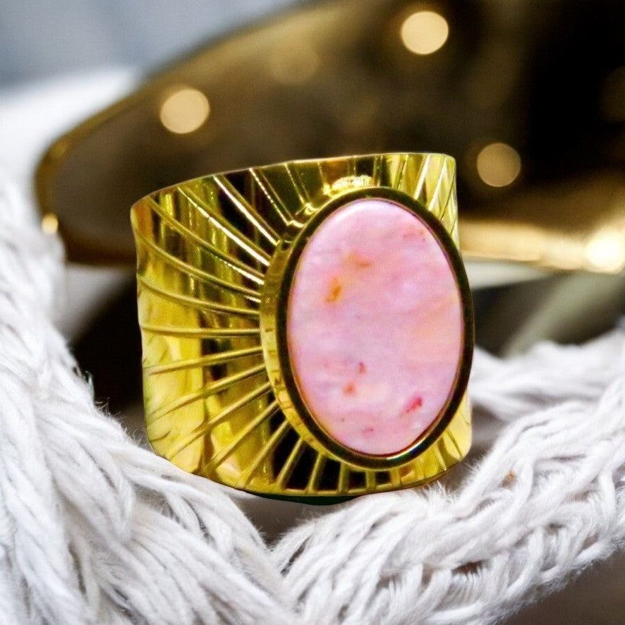 Bague "ELODIE" adaptable en acier inoxydable avec pierre naturelle d' Agate rose