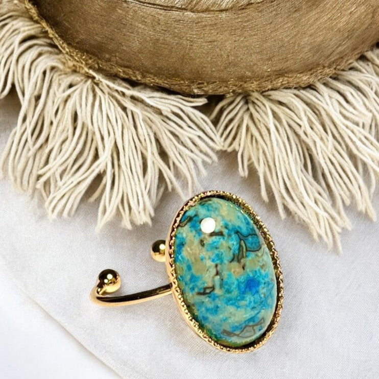 Bague "MON ANCRAGE" dorée or fin en pierre d' Agate Bleue