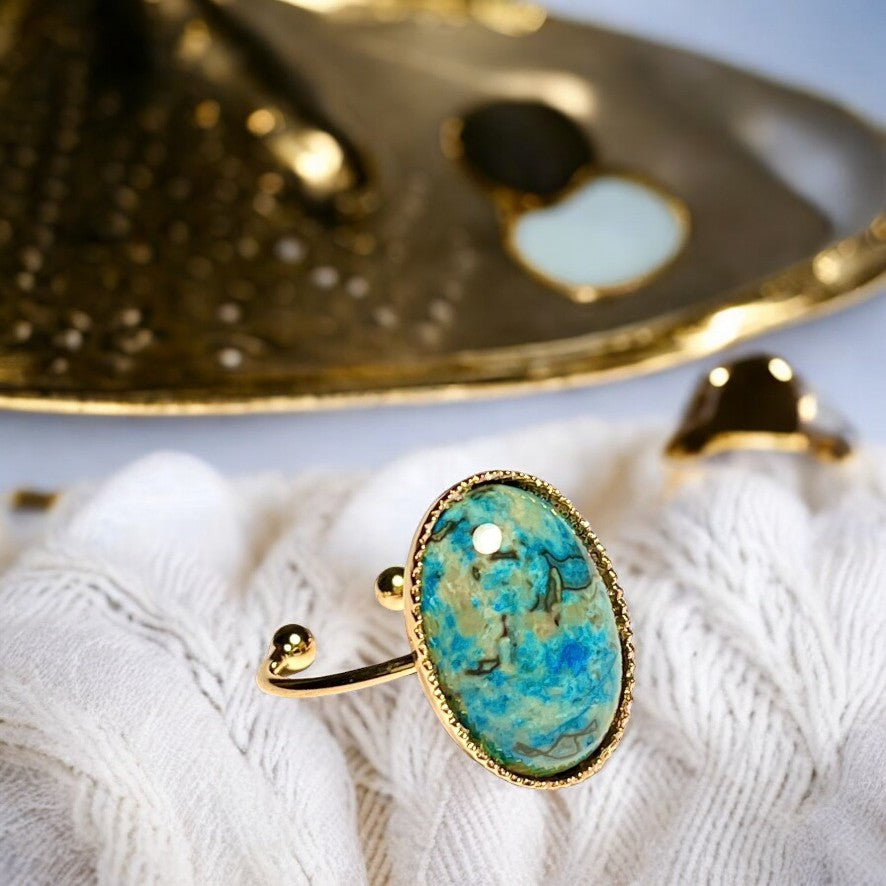 Bague "MON ANCRAGE" dorée or fin en pierre d' Agate Bleue
