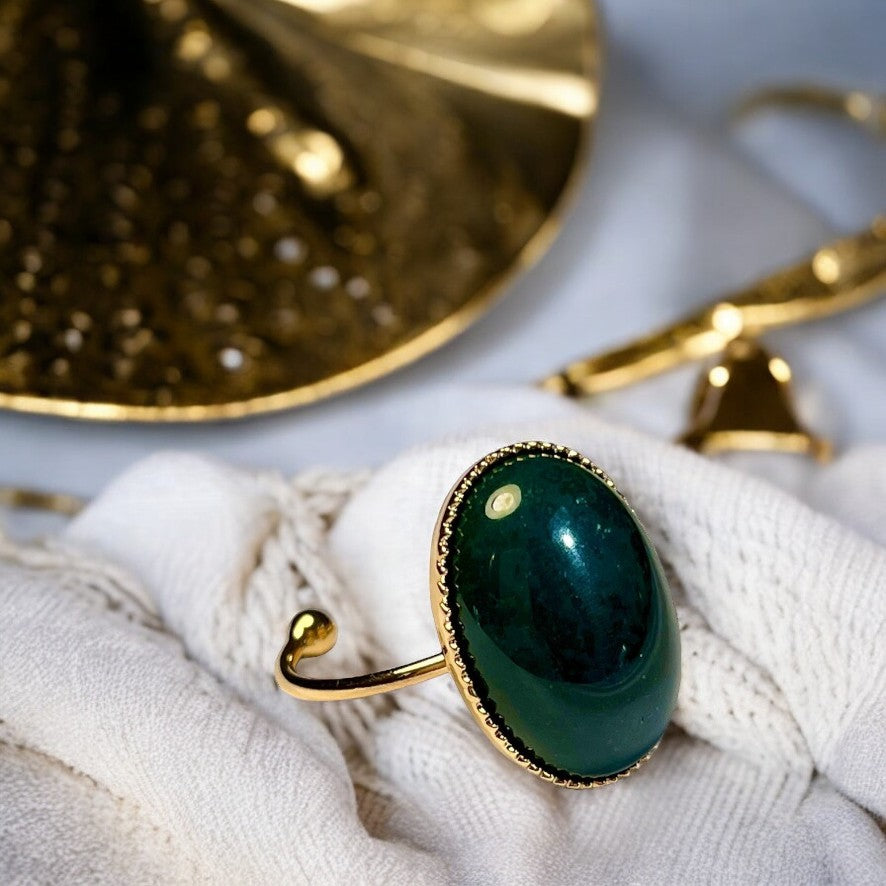 Bague "OCEANE" dorée or fin en pierre d' Agate mousse