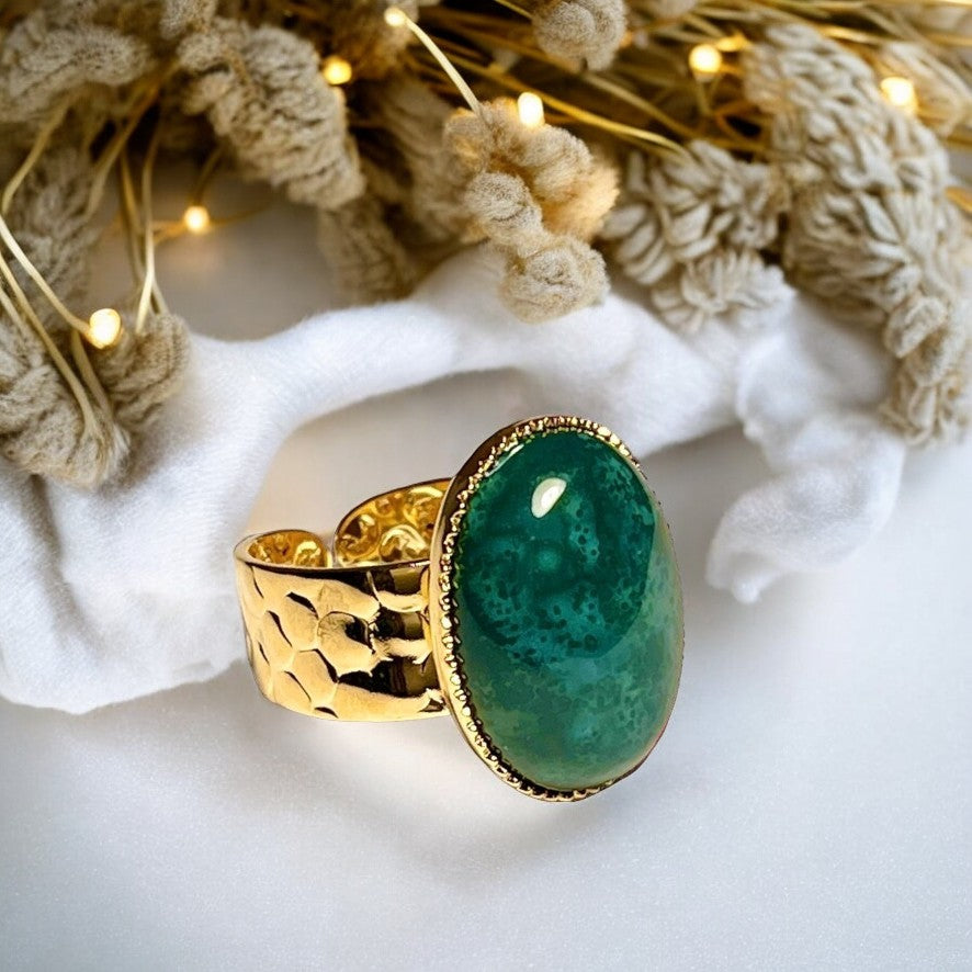 Bague "EQUILIBRE ÉMOTIONNEL" dorée or fin en pierre d' Agate mousse