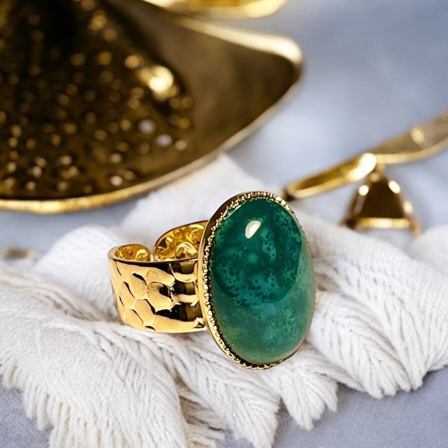 Bague "EQUILIBRE ÉMOTIONNEL" dorée or fin en pierre d' Agate mousse