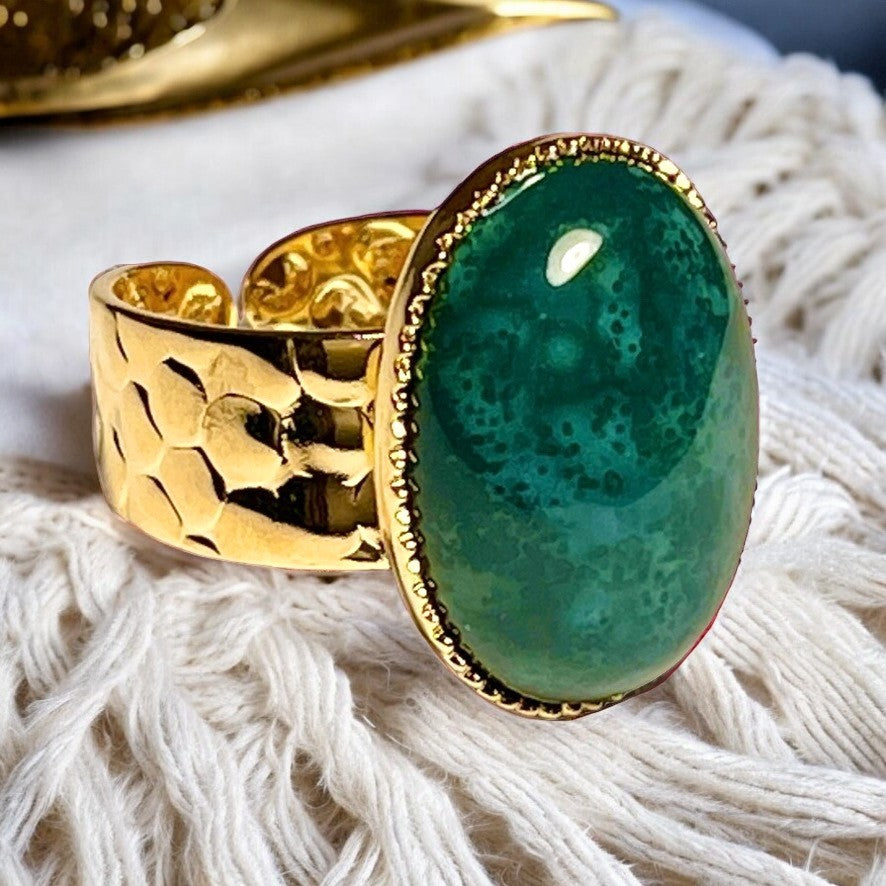 Bague "EQUILIBRE ÉMOTIONNEL" dorée or fin en pierre d' Agate mousse