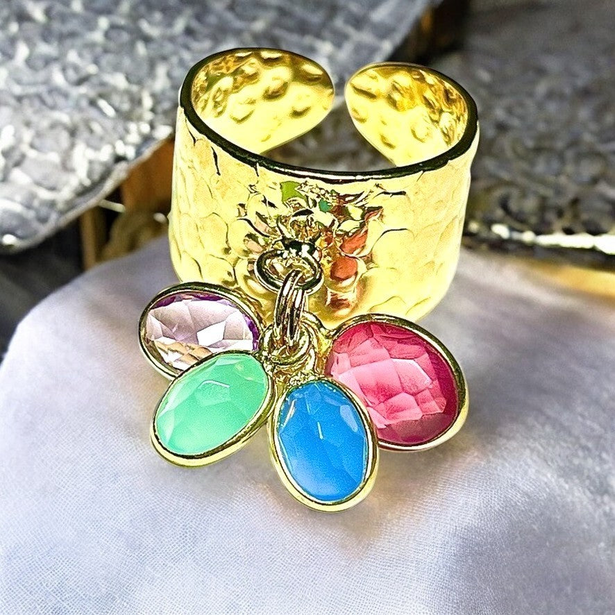 Bague "MATHILDE" dorée or fin avec pierres d' Améthyste Tourmaline et Calcédoine verte et bleue