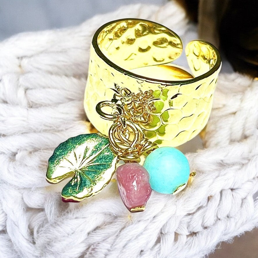 Bague "MAELYS" dorée or fin en pierre d' Angélite et Agate