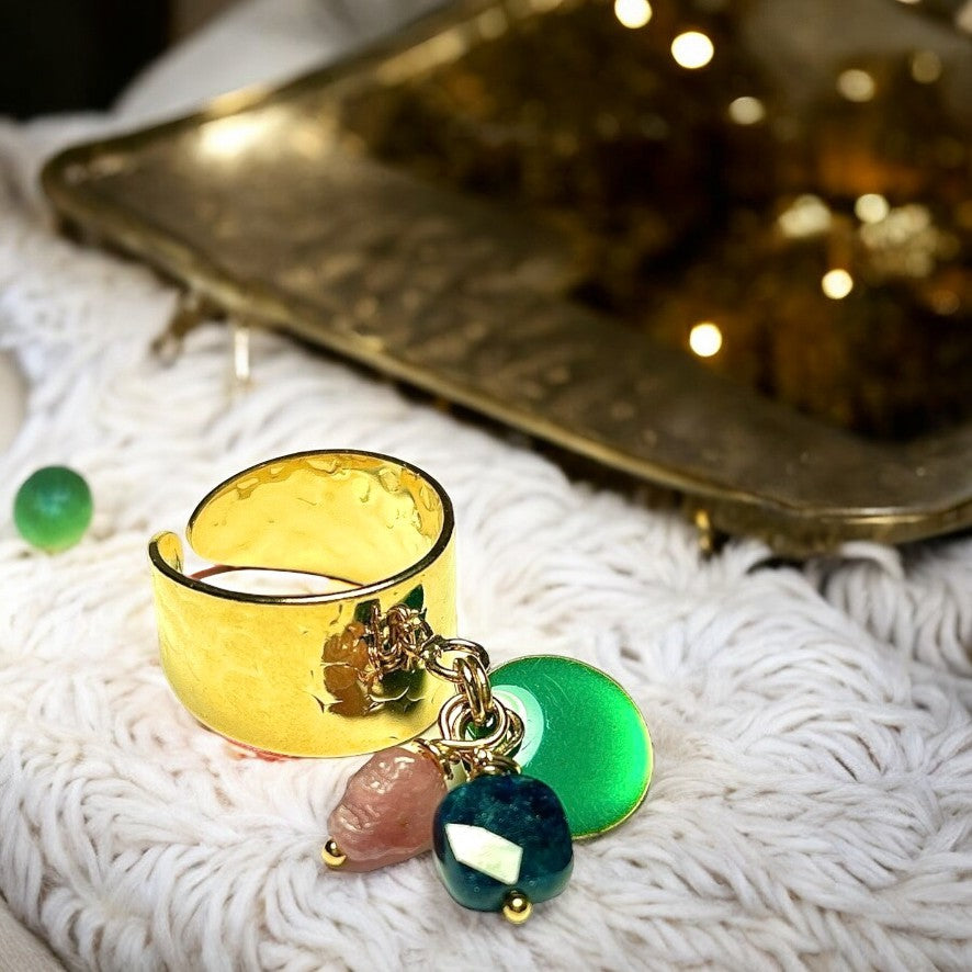 Bague "EVA" dorée or fin en Apatite et Agate avec sequin émaillé