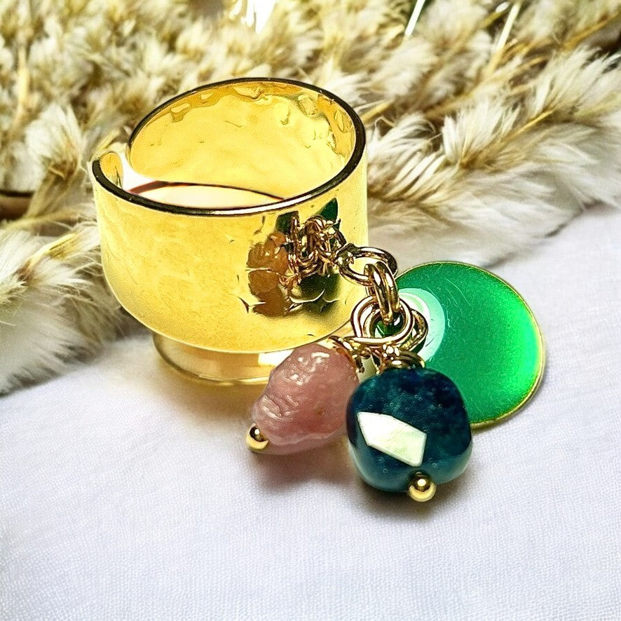 Bague "EVA" dorée or fin en Apatite et Agate avec sequin émaillé
