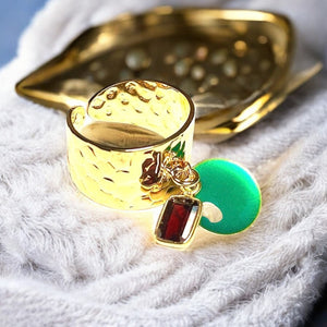 Bague "LOUNA" dorée or fin en pierre de grenat et sequin émaillé