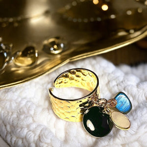 Bague "CHLOE" dorée or fin avec pierre de lune labradorite et sequin émaillé