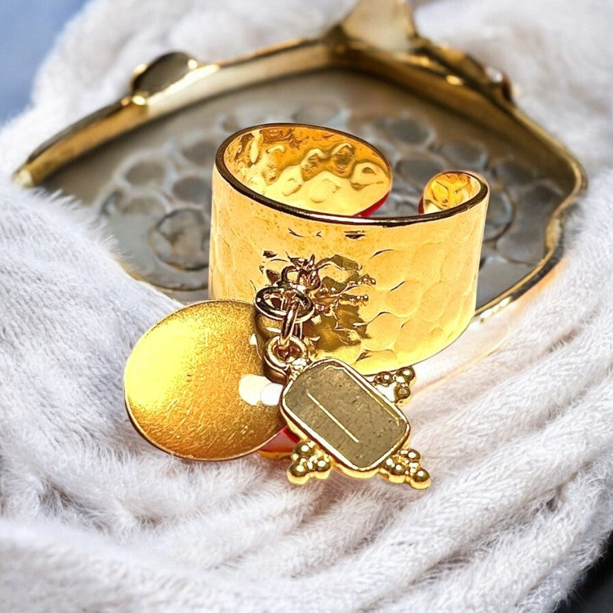 Bague "EMMA" dorée or fin avec pierre de Labradorite et sequin émaillé