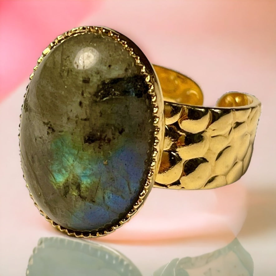 Bague "LAURENCE" dorée or fin en pierre de Labradorite