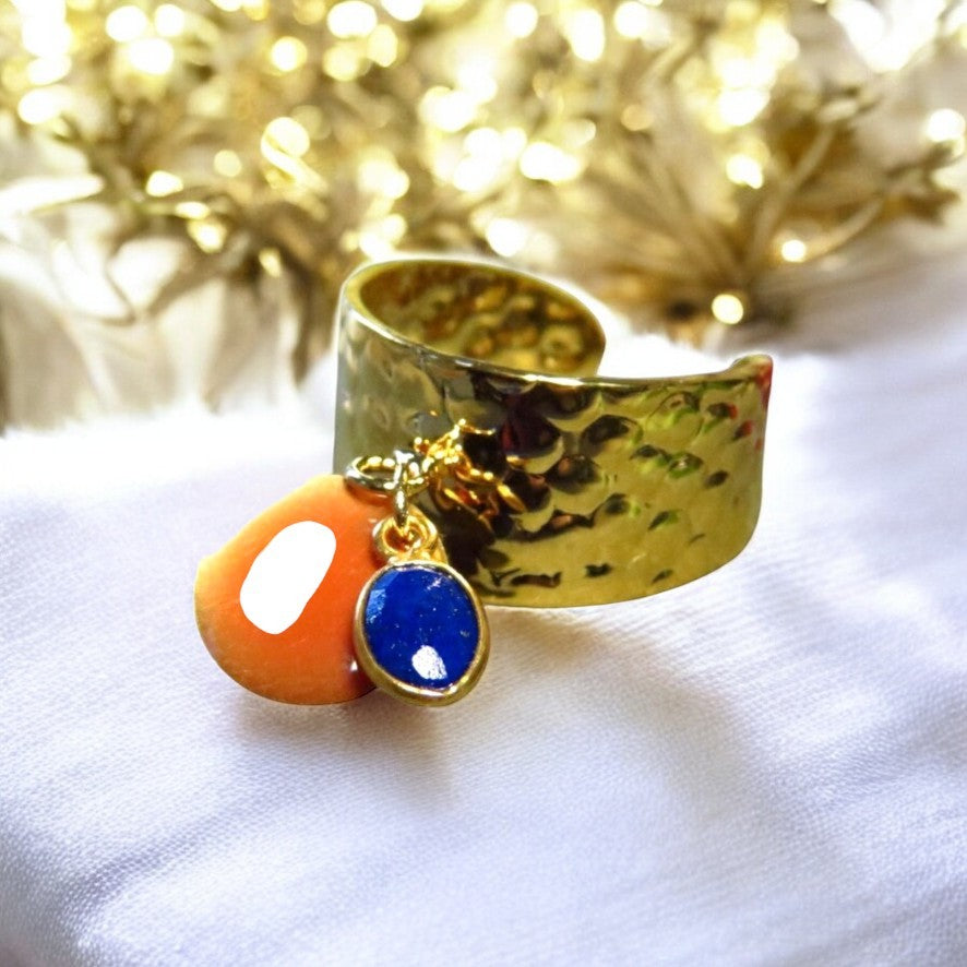 Bague "CAMILLE" dorée or fin avec pierre de lapis lazuli et sequin émaillé