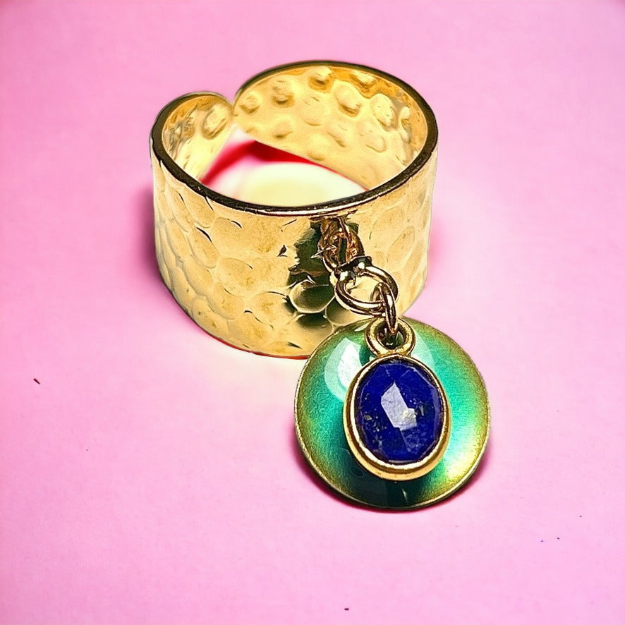 Bague "LEA" dorée or fin avec pierre de Lapis lazuli et sequin émaillé