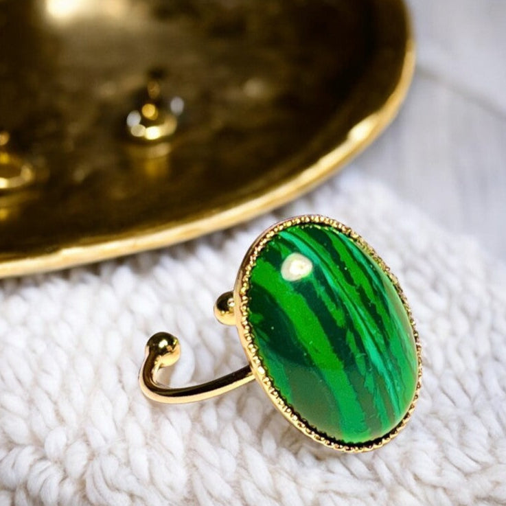 Bague "CELIA" dorée or fin en pierre de Malachite