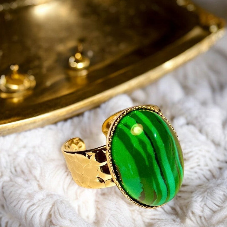 Bague "LILA" dorée or fin en pierre de Malachite