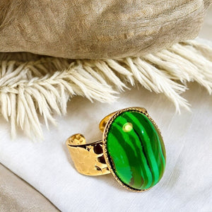 Bague "LILA" dorée or fin en pierre de Malachite