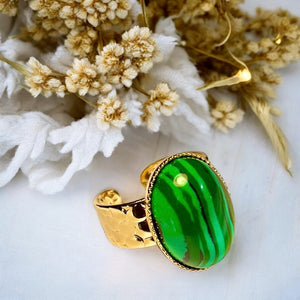 Bague "LILA" dorée or fin en pierre de Malachite