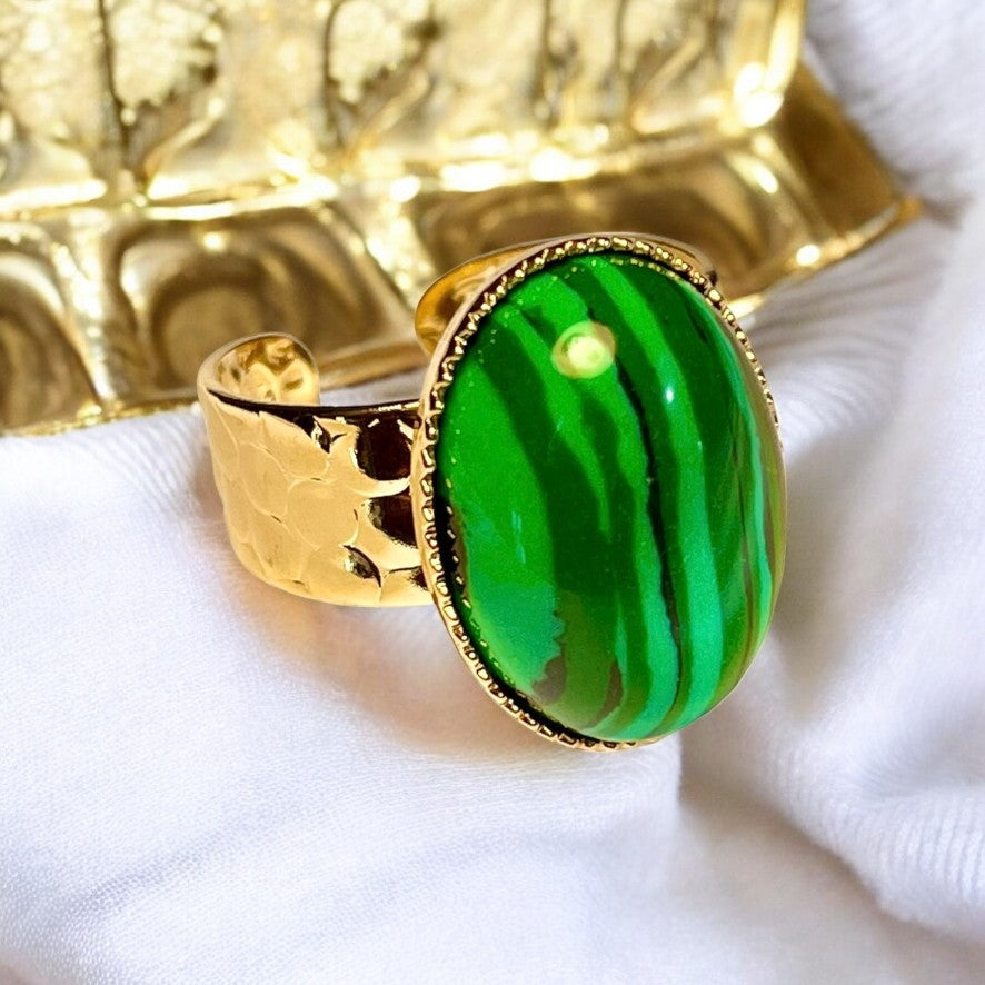 Bague "LILA" dorée or fin en pierre de Malachite